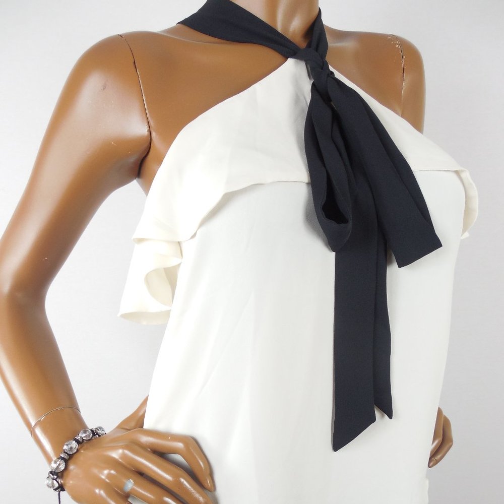 ANN TAYLOR LOFT Top XS Ivory Halter Blouse Black Tie Sleeveless Ruffle Trim - Picture 5 of 9